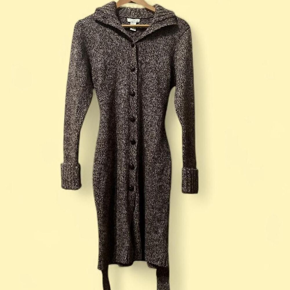 Vintage Dark Brown & Cream Heather 100% Lambswool Button Up Long cardigan W/Belt